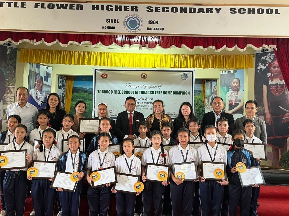 Y Kikheto Sema IAS with students and others during the launching of Tobacco Free School to Tobacco Free Home Campaign at Little Flower Higher Secondary School Kohima on April 14.